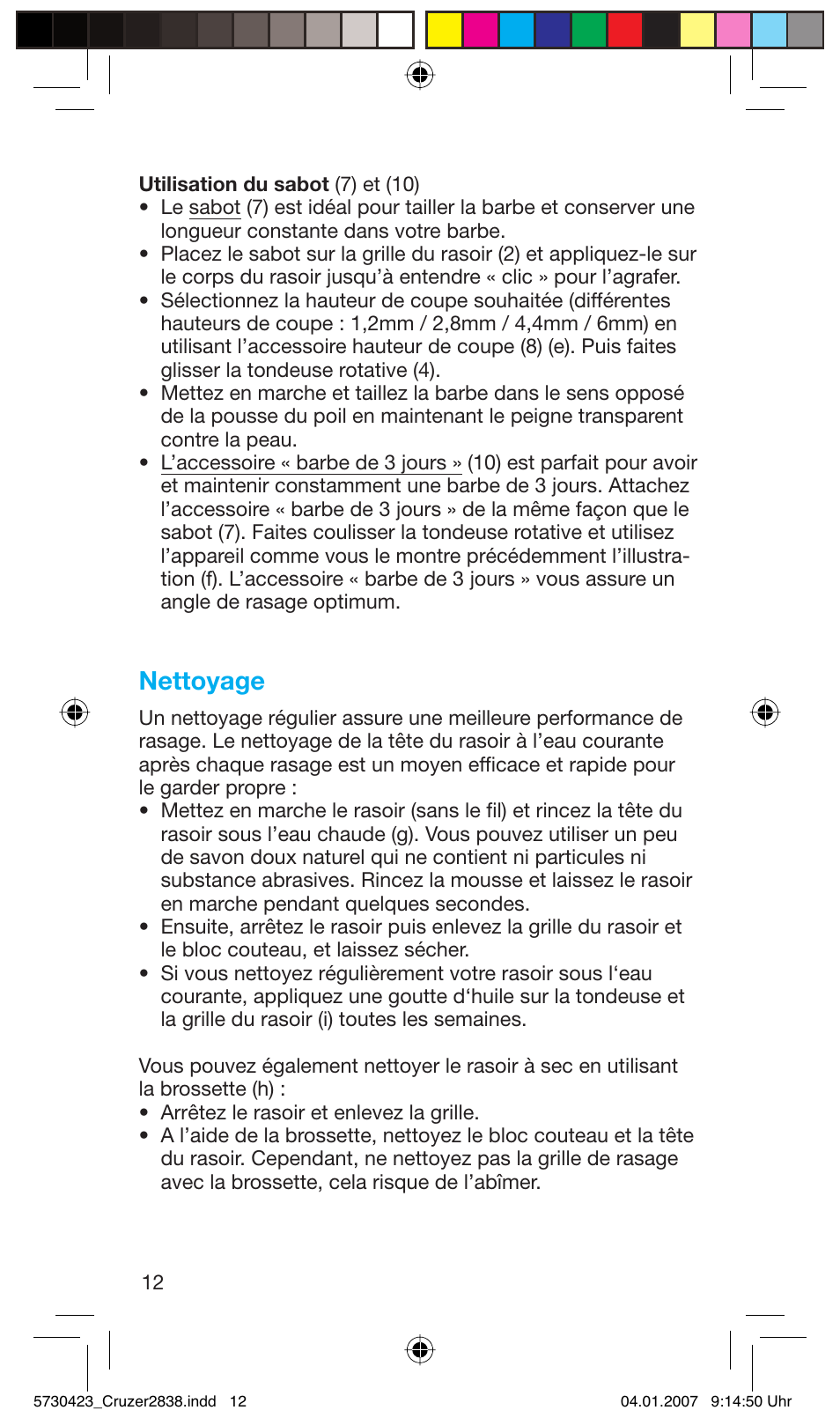 Nettoyage | Braun 2838 User Manual | Page 12 / 67