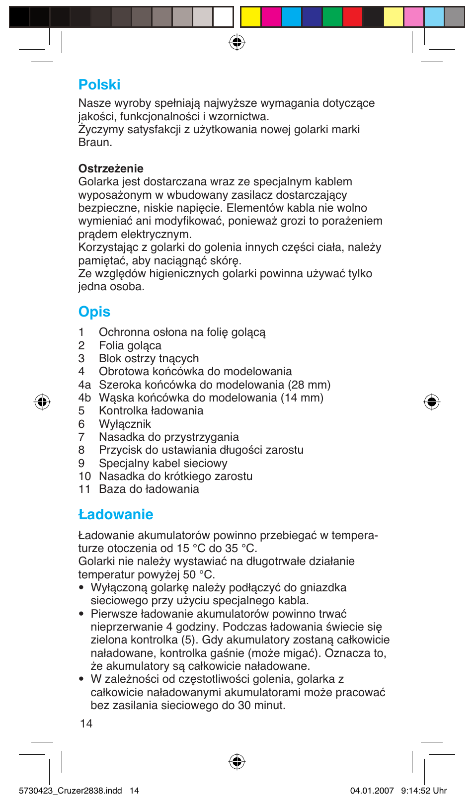 Polski, Opis, Ładowanie | Braun 2838 User Manual | Page 14 / 67