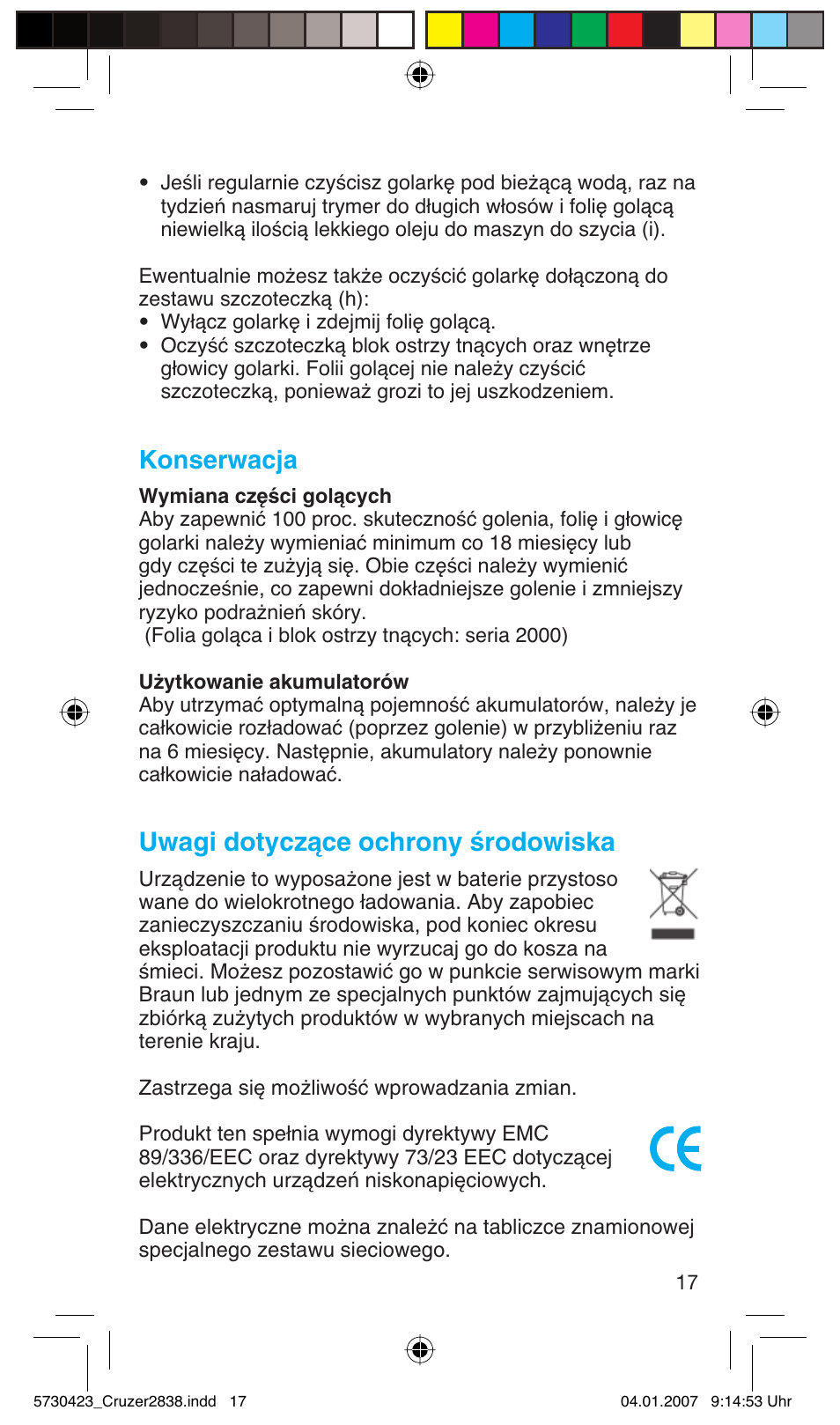 Konserwacja, Uwagi dotyczàce ochrony êrodowiska | Braun 2838 User Manual | Page 17 / 67