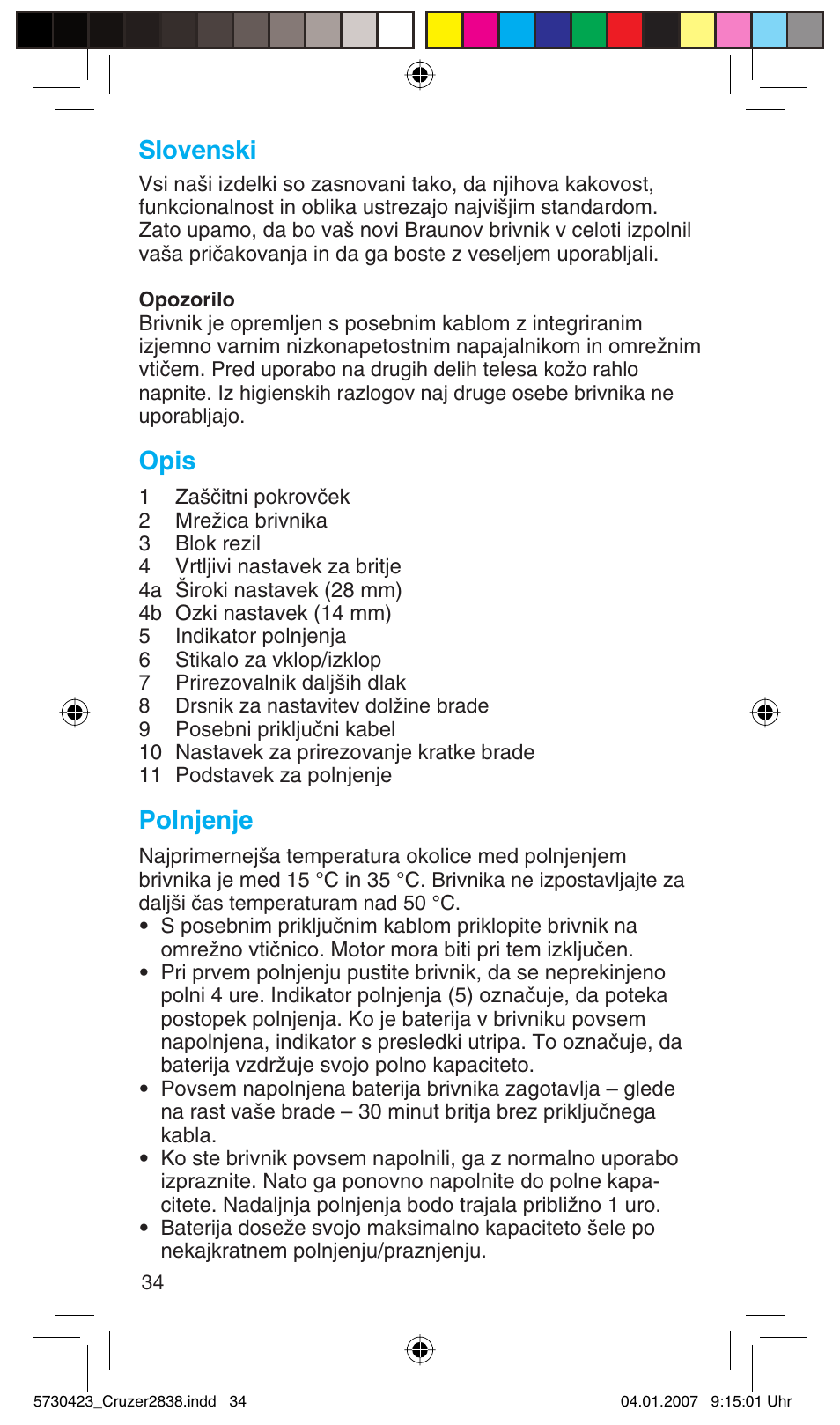 Slovenski, Opis, Polnjenje | Braun 2838 User Manual | Page 34 / 67