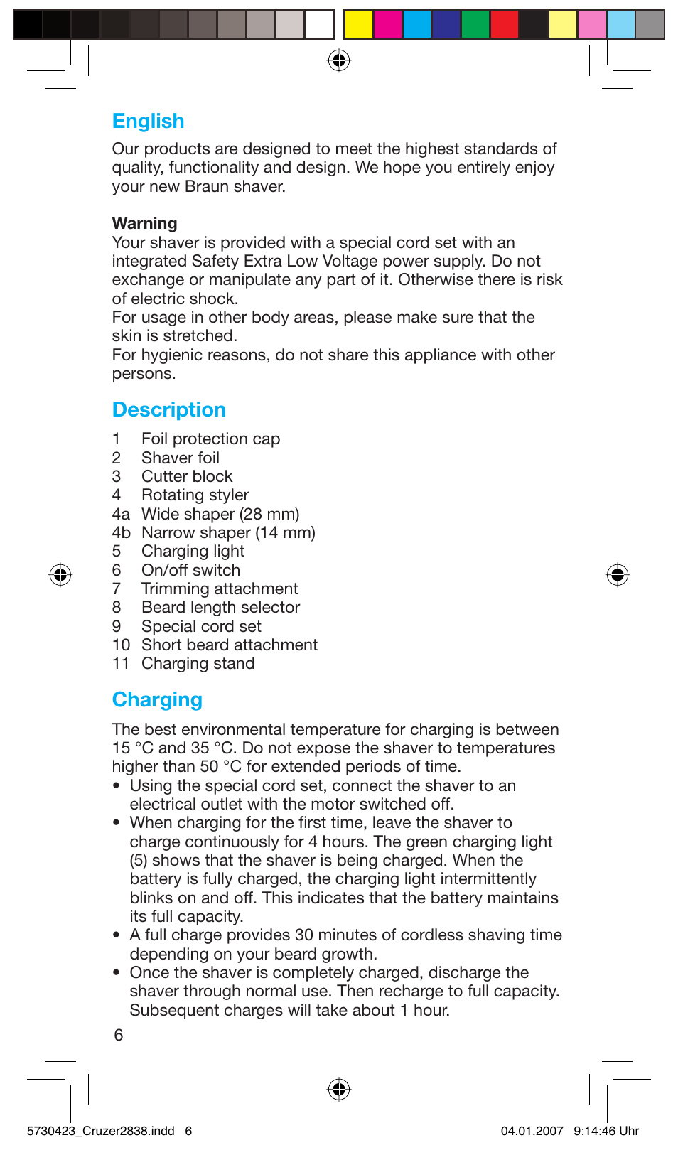 English, Description, Charging | Braun 2838 User Manual | Page 6 / 67