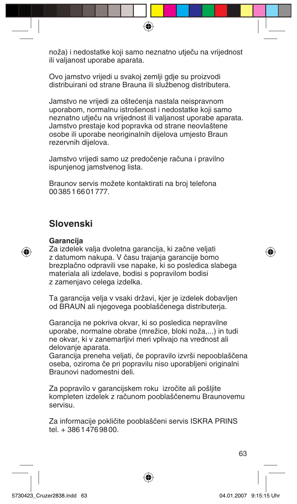 Slovenski | Braun 2838 User Manual | Page 63 / 67