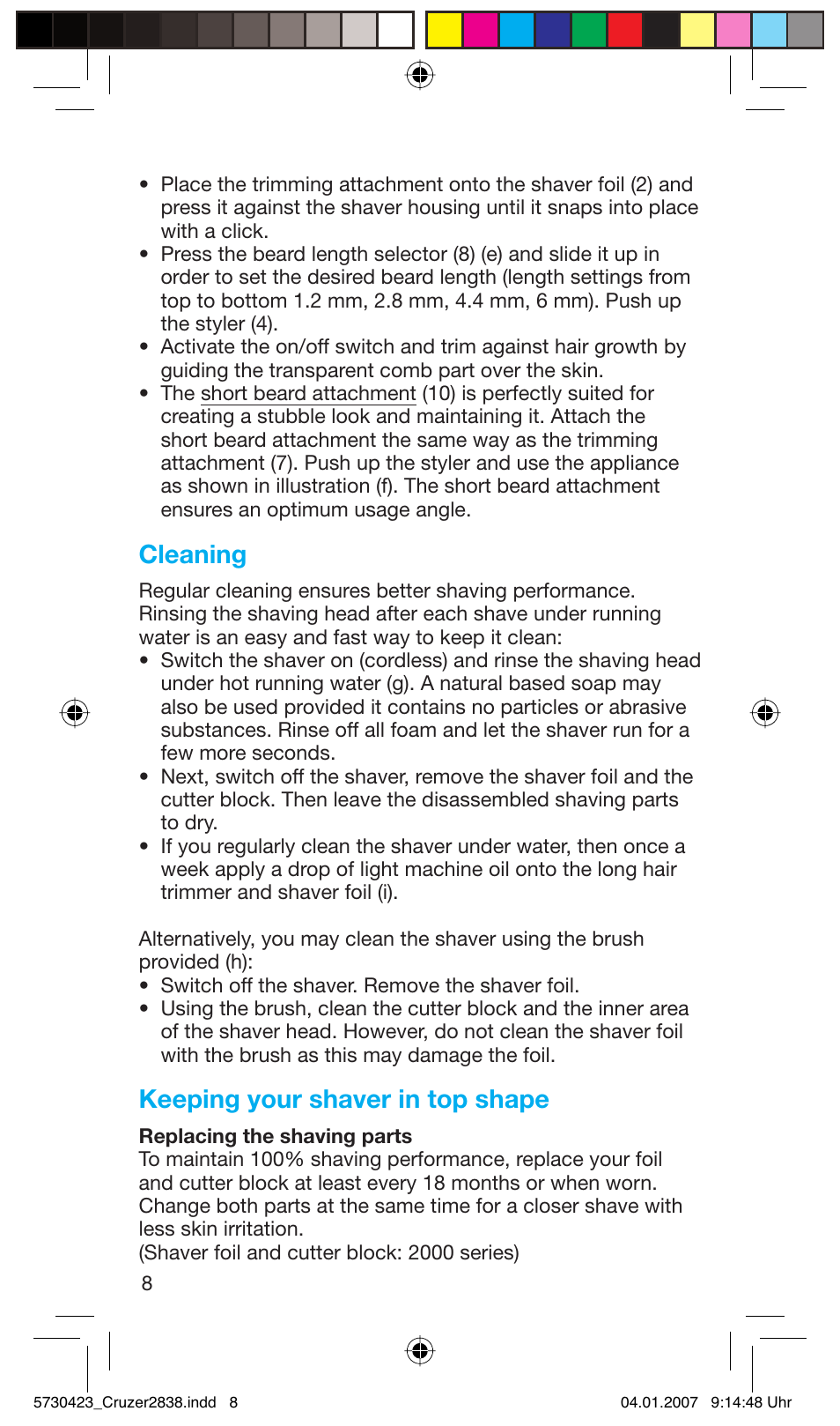 Cleaning, Keeping your shaver in top shape | Braun 2838 User Manual | Page 8 / 67