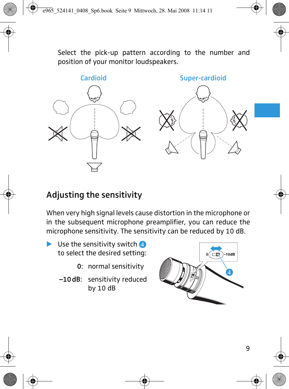 Adjusting the sensitivity | Sennheiser e965 User Manual | Page 11 / 21