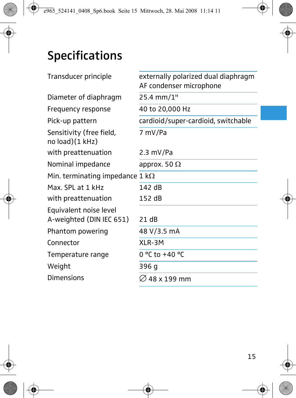 Specifications | Sennheiser e965 User Manual | Page 17 / 21