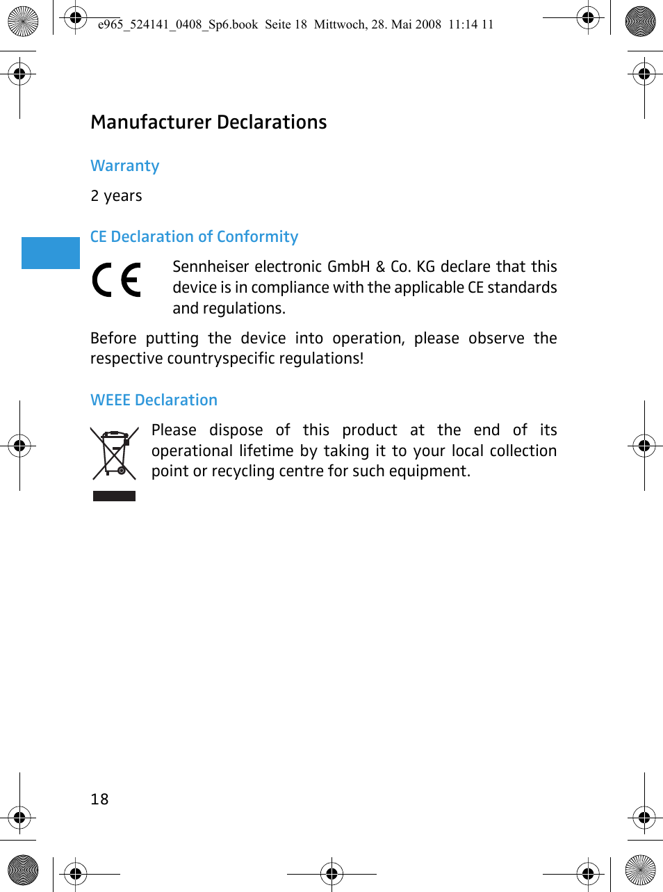 Manufacturer declarations | Sennheiser e965 User Manual | Page 20 / 21