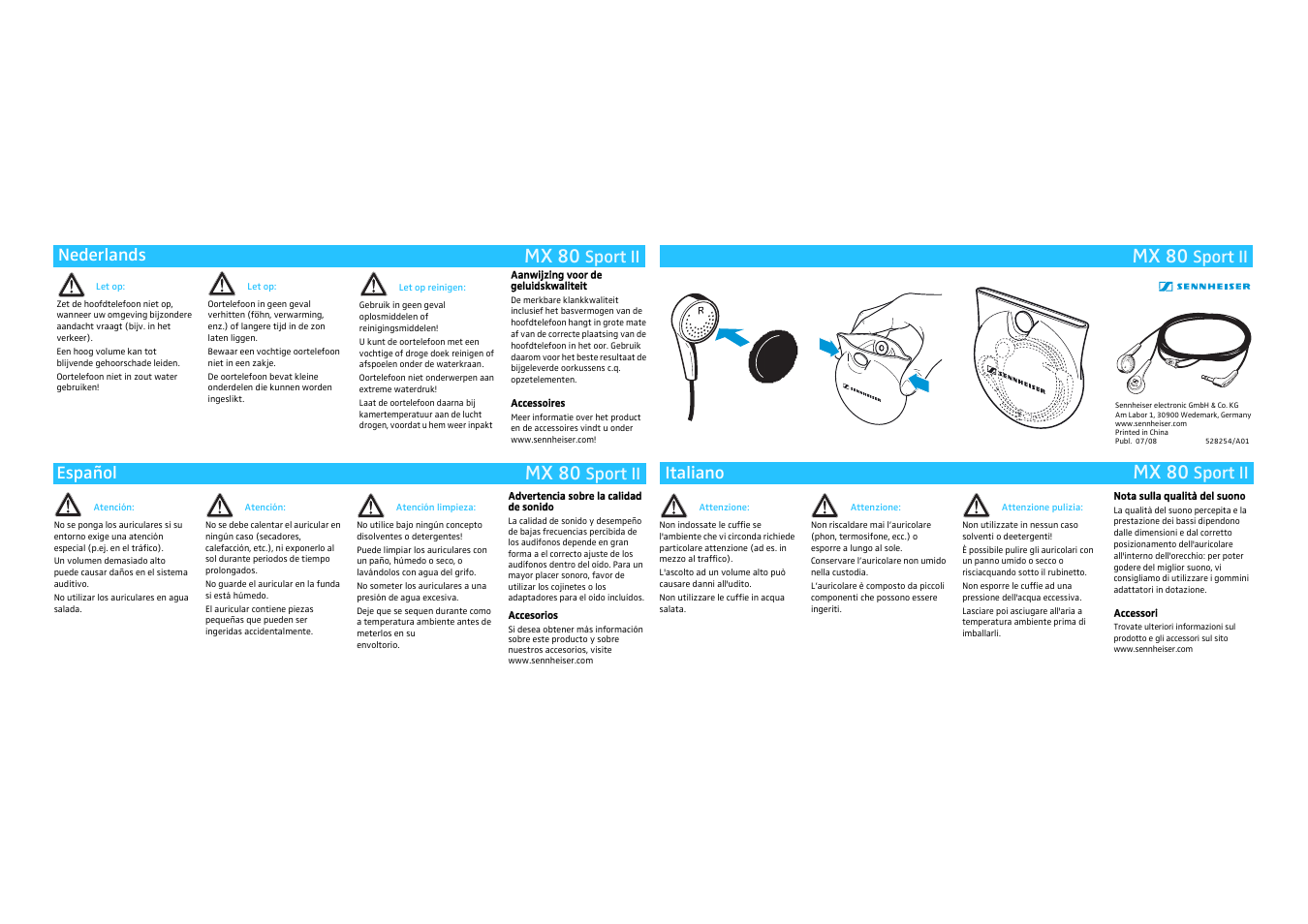 Aanwijzing voor de geluidskwaliteit, Accessoires, Advertencia sobre la calidad de sonido | Accesorios, Nota sulla qualità del suono, Accessori, Mx 80, Sport ii, Nederlands español italiano | Sennheiser deutsch Mx 80 User Manual | Page 2 / 2