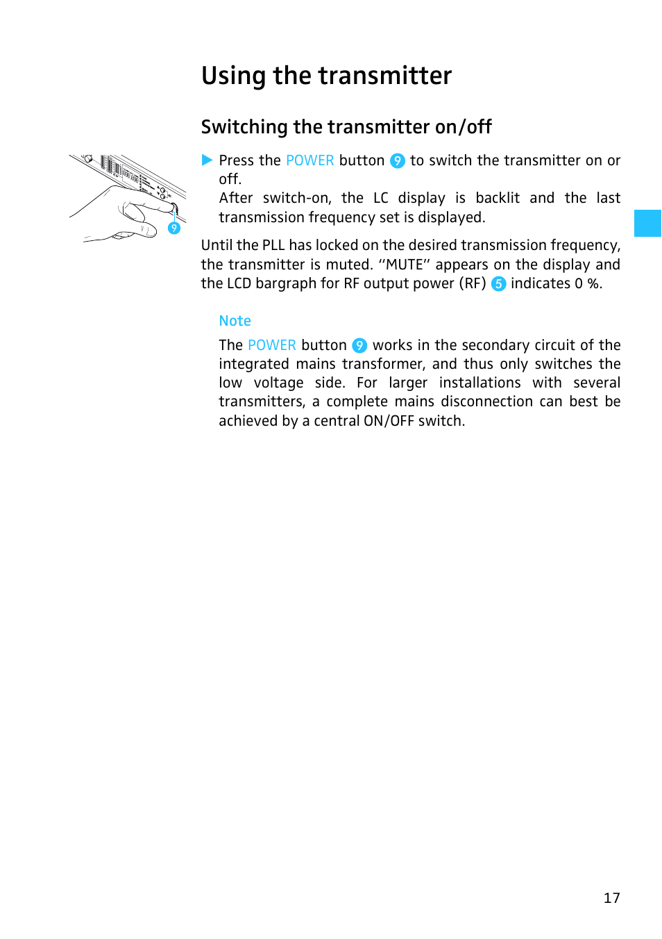 Using the transmitter, Switching the transmitter on/off | Sennheiser SR 3254 User Manual | Page 18 / 32