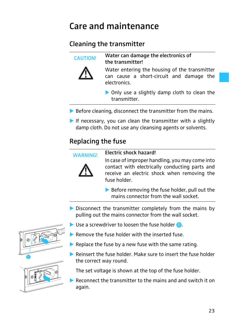 Care and maintenance, Cleaning the transmitter, Replacing the fuse | Sennheiser SR 3254 User Manual | Page 24 / 32