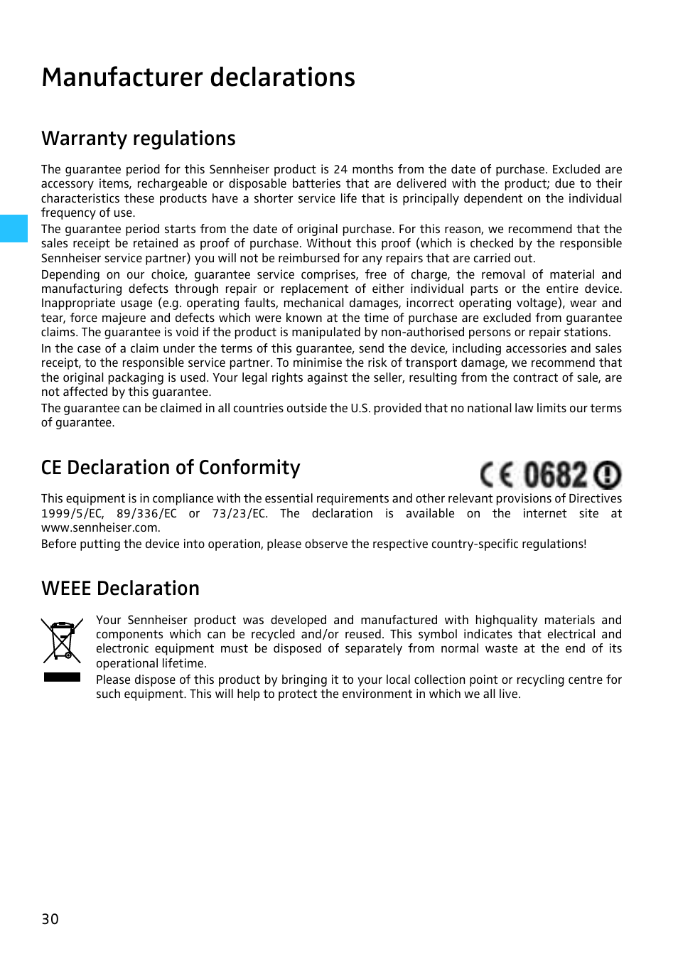 Manufacturer declarations, Warranty regulations, Ce declaration of conformity | Weee declaration | Sennheiser SR 3254 User Manual | Page 31 / 32