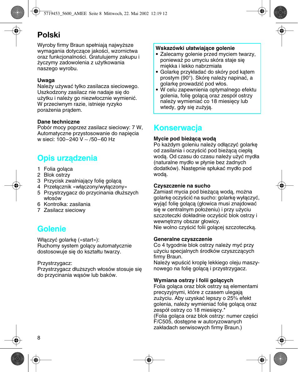 Polski, Opis urzàdzenia, Golenie | Konserwacja | Braun 5600 User Manual | Page 8 / 32