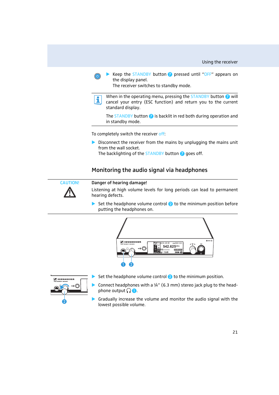 Monitoring the audio signal via headphones | Sennheiser EM500 User Manual | Page 22 / 64