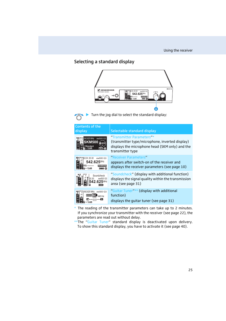 Selecting a standard display, Using the receiver 25, Skm500 | Sennheiser EM500 User Manual | Page 26 / 64