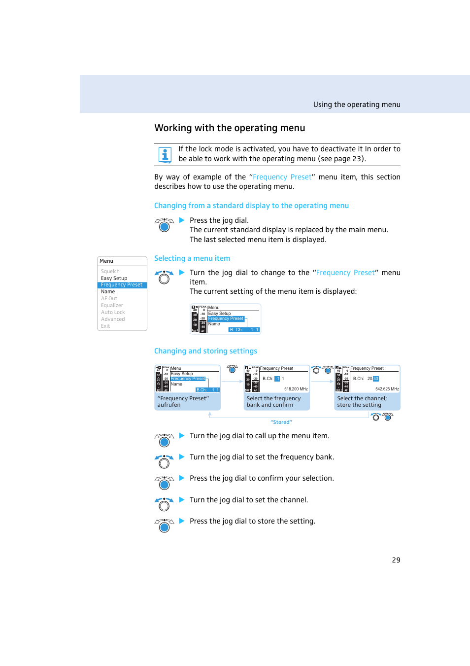 Working with the operating menu, Using the operating menu 29 | Sennheiser EM500 User Manual | Page 30 / 64