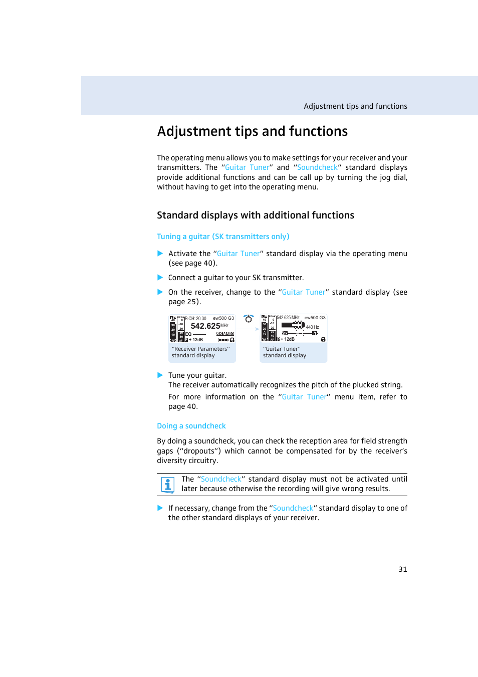 Adjustment tips and functions, Standard displays with additional functions, Adjustment tips and functions 31 | Sennheiser EM500 User Manual | Page 32 / 64