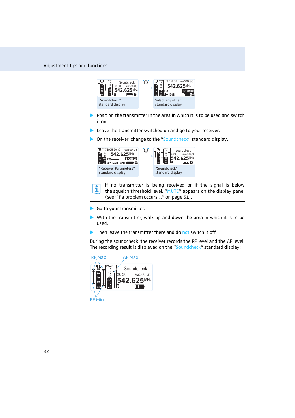 Soundcheck, Af max rf max rf min | Sennheiser EM500 User Manual | Page 33 / 64
