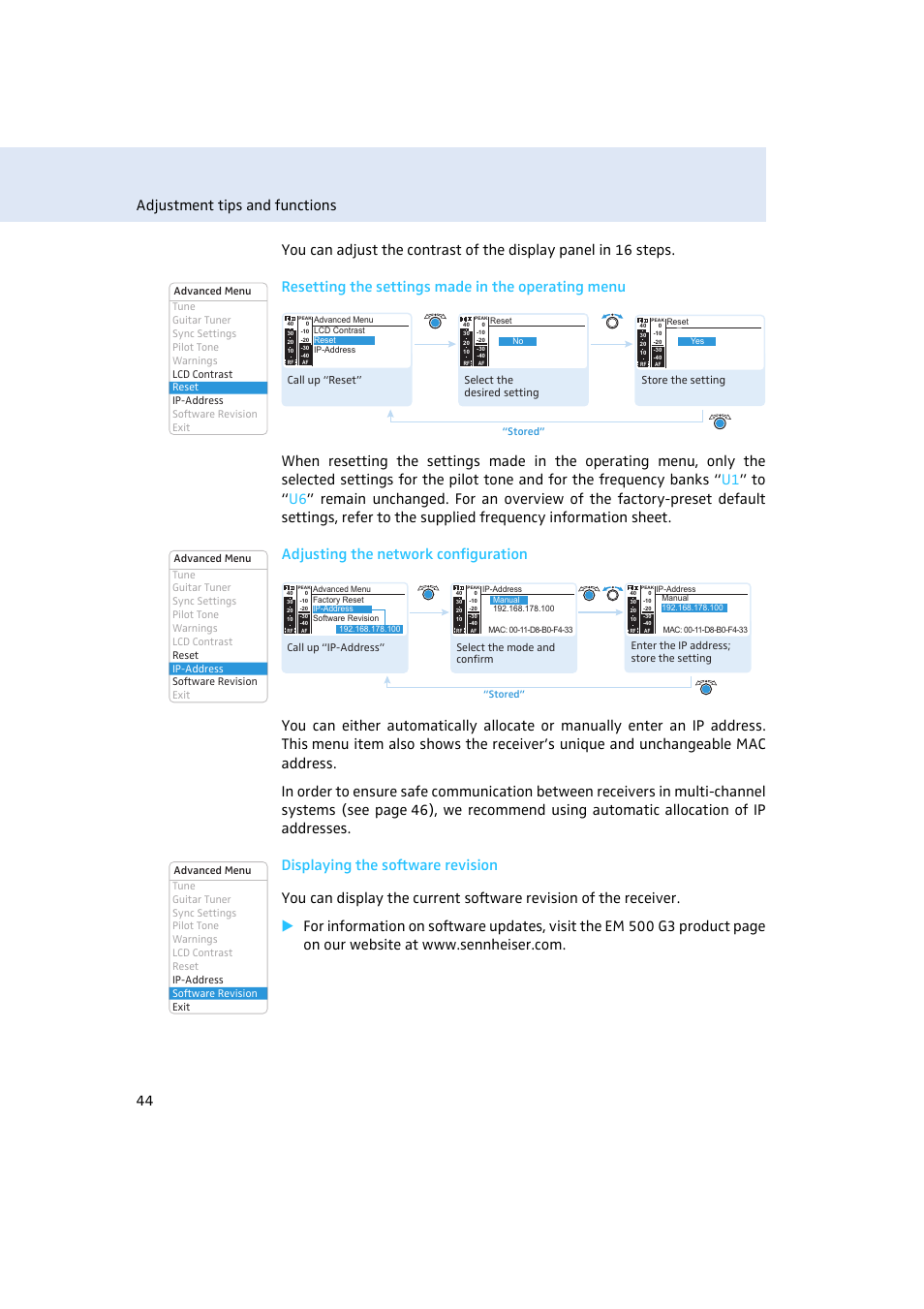 Call up “reset, Select the desired setting, Store the setting | Sennheiser EM500 User Manual | Page 45 / 64