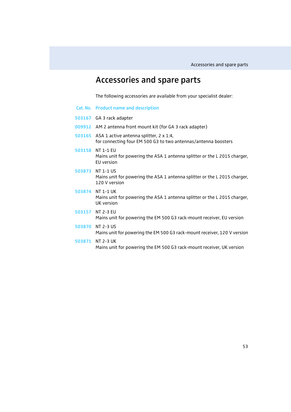 Accessories and spare parts | Sennheiser EM500 User Manual | Page 54 / 64
