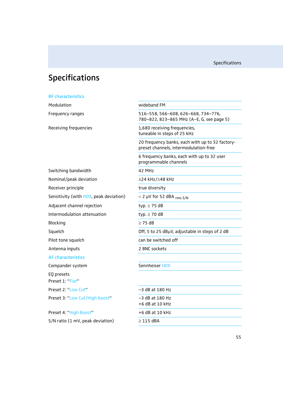 Specifications | Sennheiser EM500 User Manual | Page 56 / 64