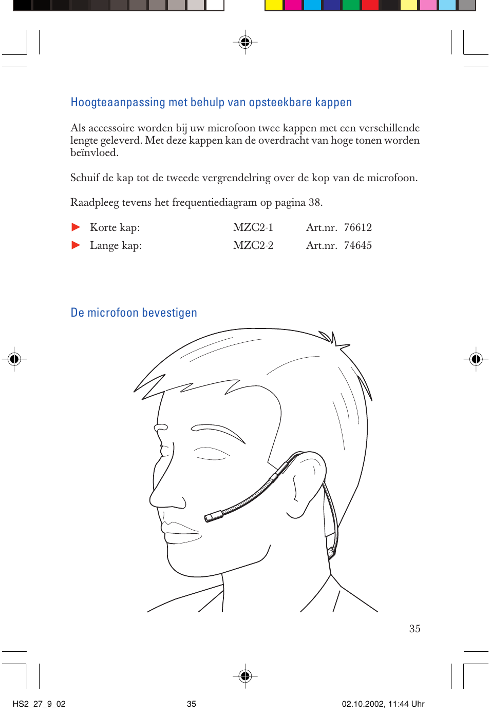Hoogteaanpassing met behulp van opsteekbare kappen, De microfoon bevestigen | Sennheiser SP2265FC User Manual | Page 35 / 40