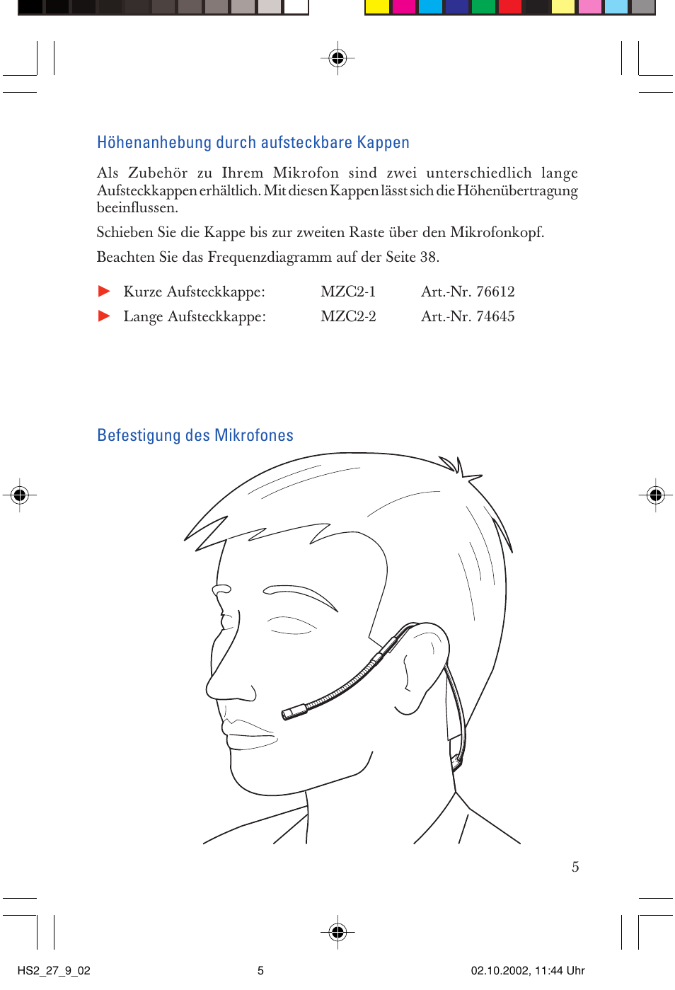 Höhenanhebung durch aufsteckbare kappen, Befestigung des mikrofones | Sennheiser SP2265FC User Manual | Page 5 / 40