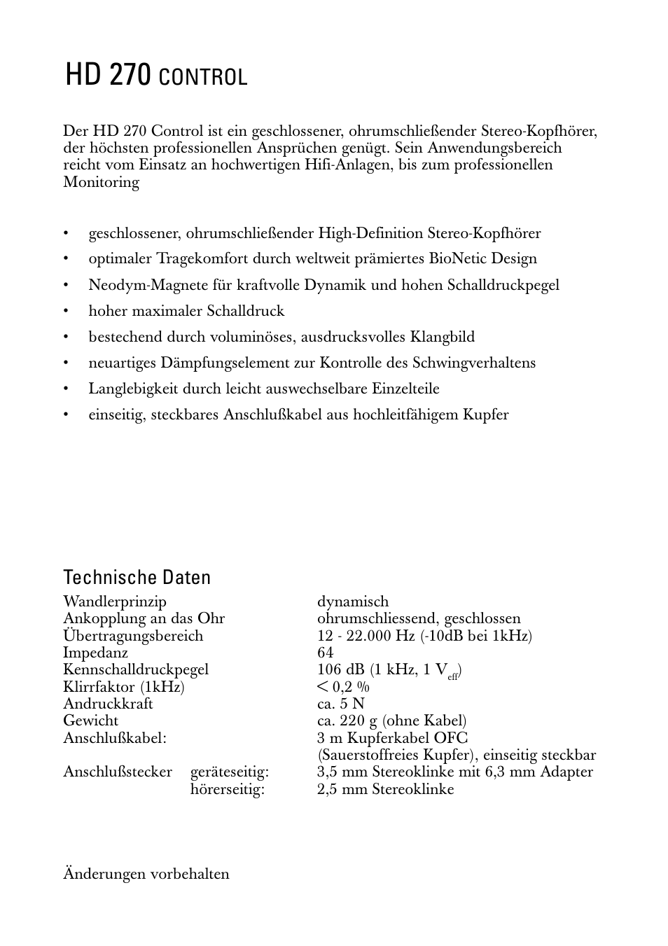 Gebrauchsanleitung, Hd 270, Control | Technische daten | Sennheiser HD 270 Control User Manual | Page 2 / 8