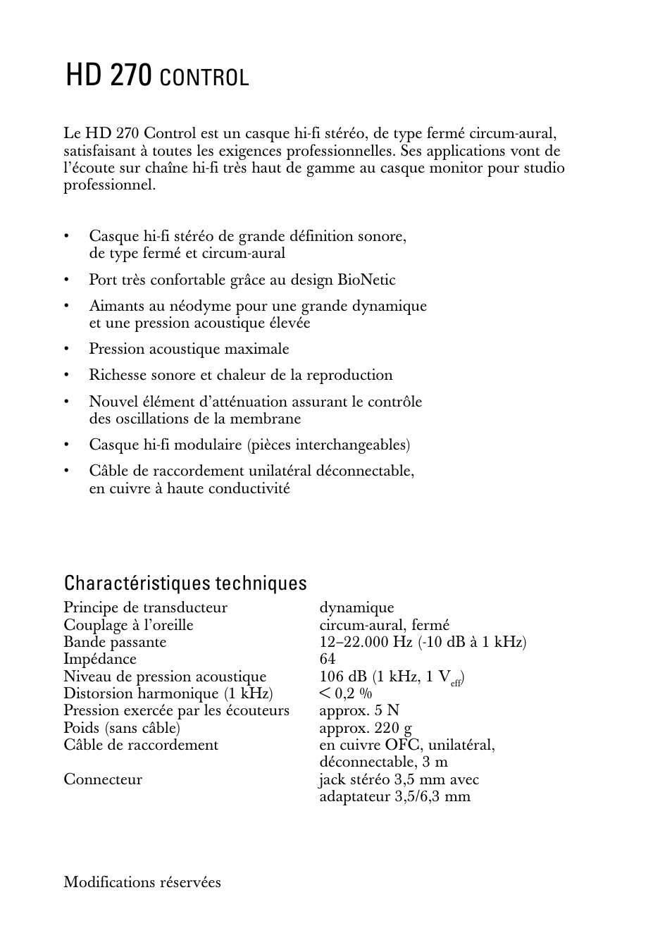 Notice d'emploi, Hd 270, Control | Charactéristiques techniques | Sennheiser HD 270 Control User Manual | Page 4 / 8