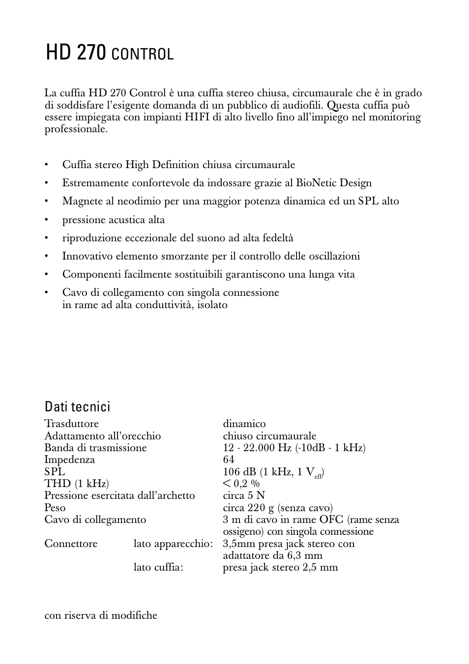 Istruzioni per l'uso, Hd 270, Control | Dati tecnici | Sennheiser HD 270 Control User Manual | Page 5 / 8