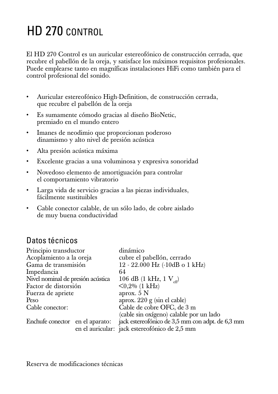 Instrucciones para el uso, Hd 270, Control | Datos técnicos | Sennheiser HD 270 Control User Manual | Page 6 / 8