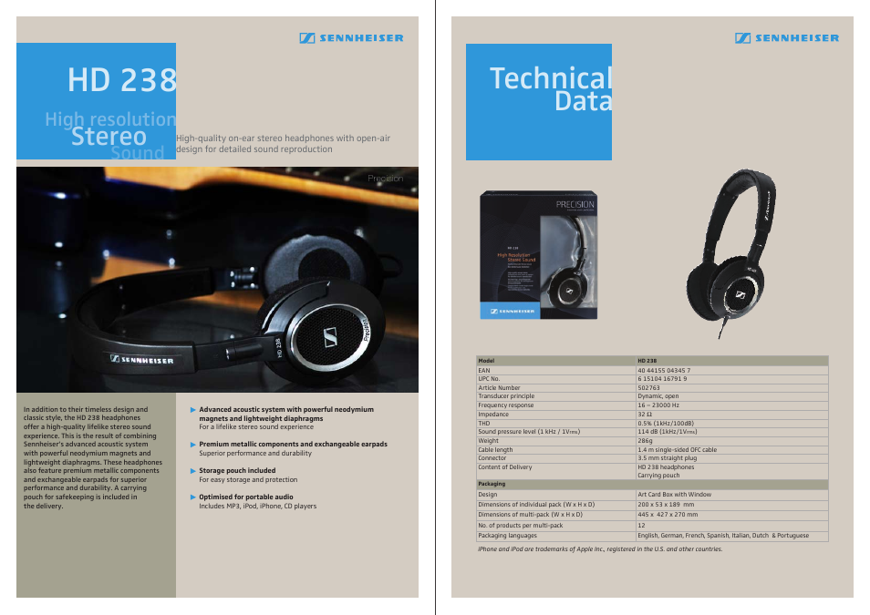 Sennheiser HD 238 User Manual | 1 page