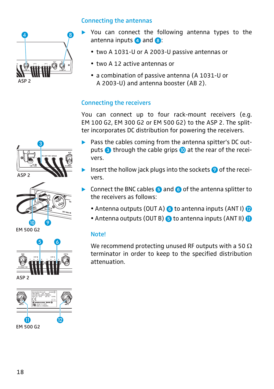 Connecting the antennas, Connecting the receivers | Sennheiser Antenna Splitter ASP 2 User Manual | Page 18 / 49
