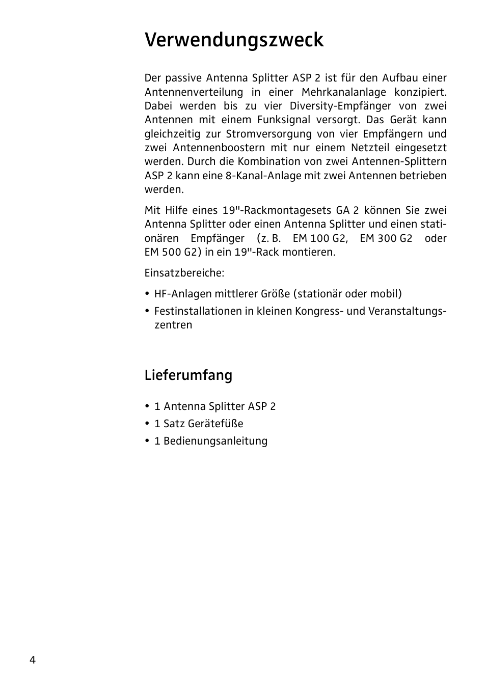 Verwendungszweck, Lieferumfang | Sennheiser Antenna Splitter ASP 2 User Manual | Page 2 / 49