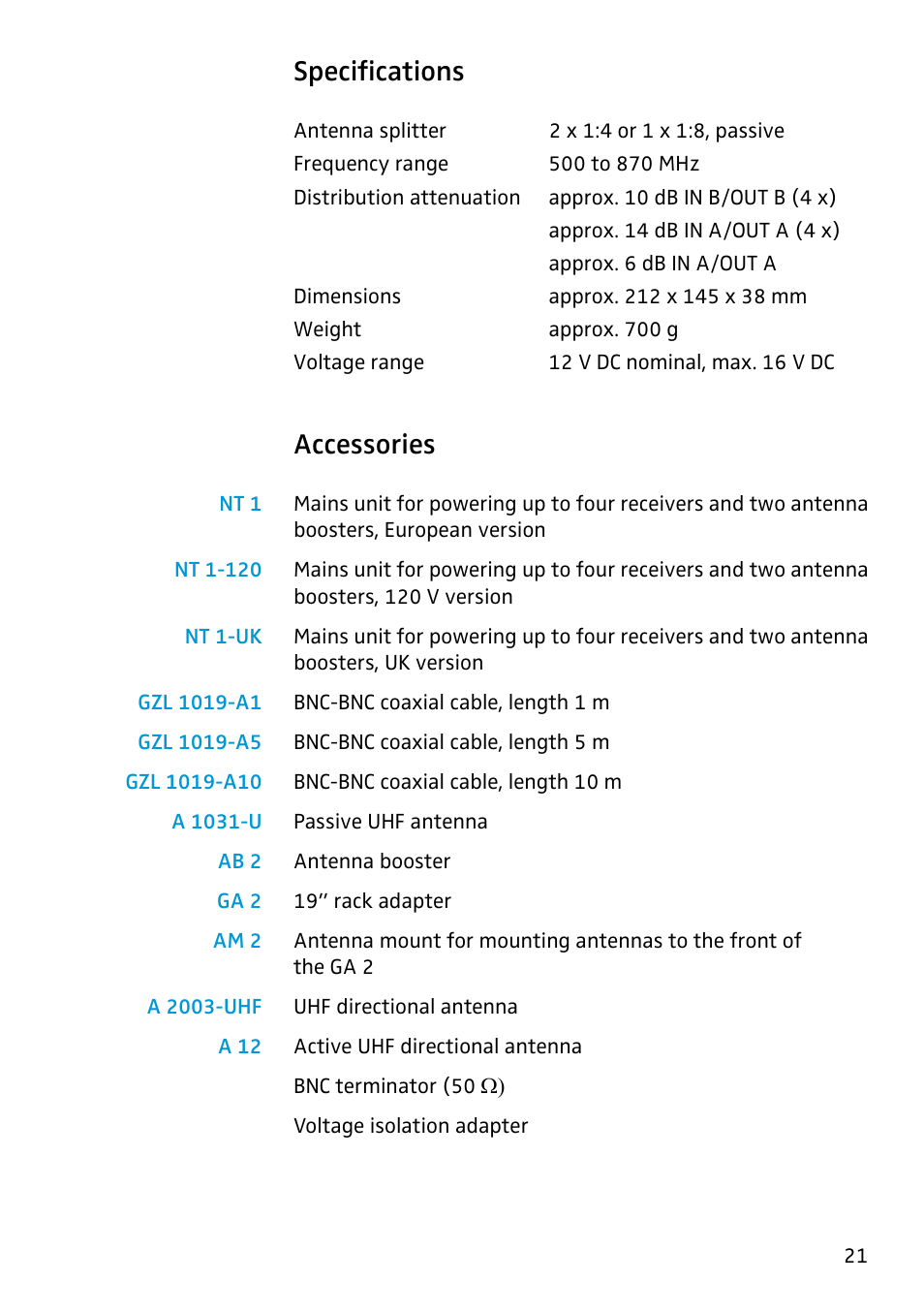 Specifications, Accessories | Sennheiser Antenna Splitter ASP 2 User Manual | Page 21 / 49