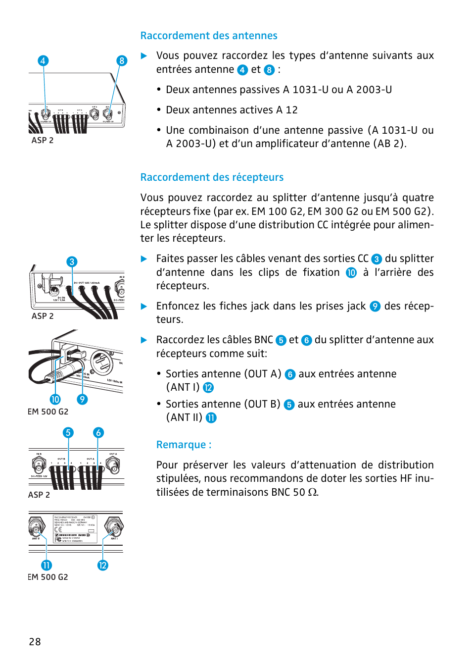 Raccordement des antennes, Raccordement des récepteurs | Sennheiser Antenna Splitter ASP 2 User Manual | Page 30 / 49