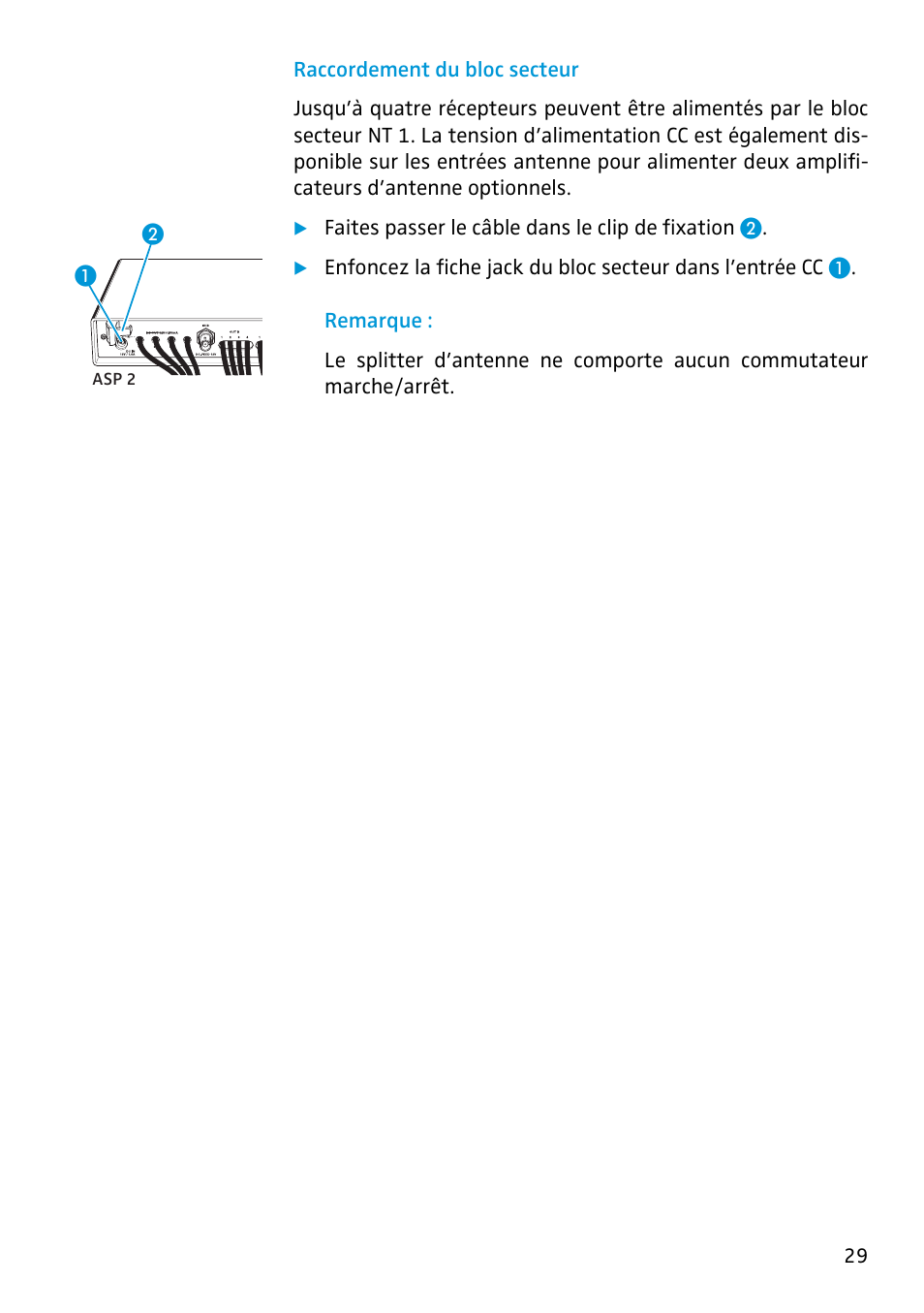 Raccordement du bloc secteur | Sennheiser Antenna Splitter ASP 2 User Manual | Page 31 / 49