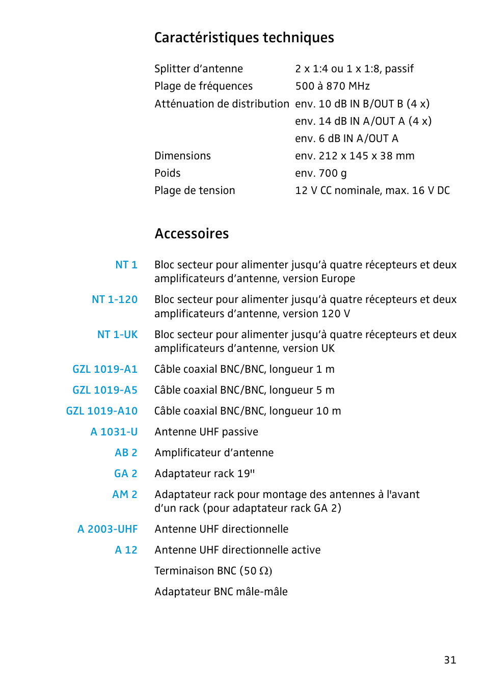Caractéristiques techniques, Accessoires | Sennheiser Antenna Splitter ASP 2 User Manual | Page 33 / 49