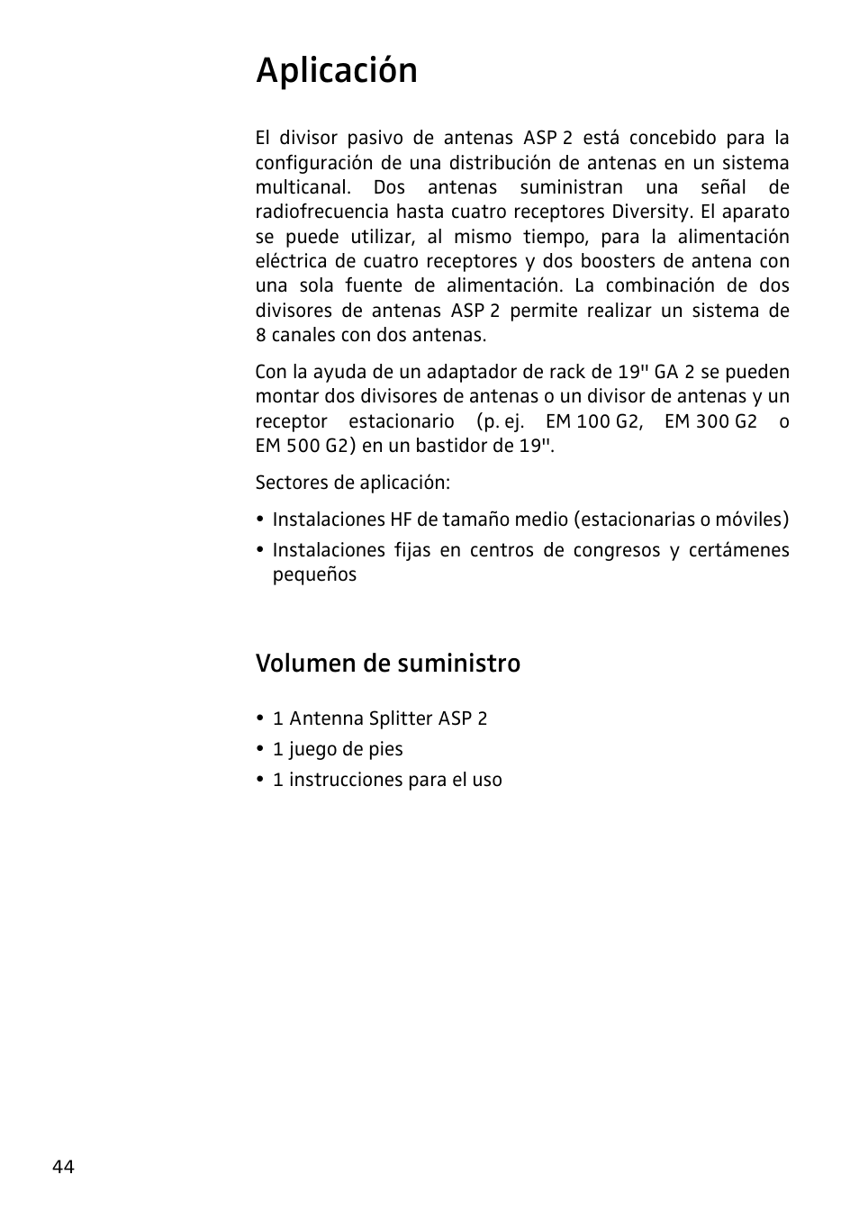 Aplicación, Volumen de suministro | Sennheiser Antenna Splitter ASP 2 User Manual | Page 38 / 49