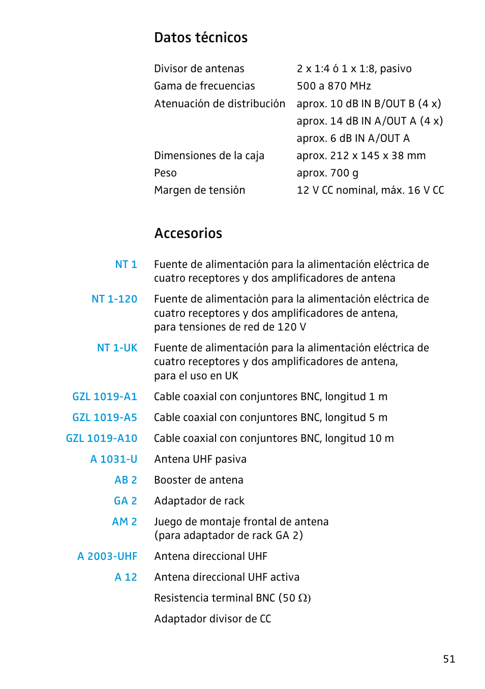 Datos técnicos, Accesorios | Sennheiser Antenna Splitter ASP 2 User Manual | Page 45 / 49