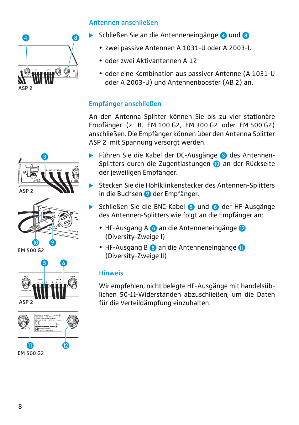 Antennen anschließen, Empfänger anschließen | Sennheiser Antenna Splitter ASP 2 User Manual | Page 6 / 49