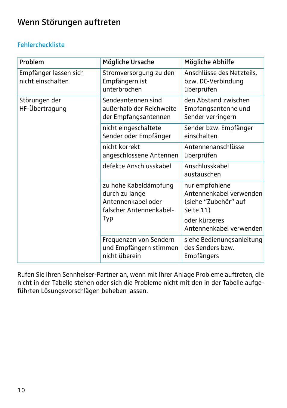 Wenn störungen auftreten, Fehlercheckliste | Sennheiser Antenna Splitter ASP 2 User Manual | Page 8 / 49