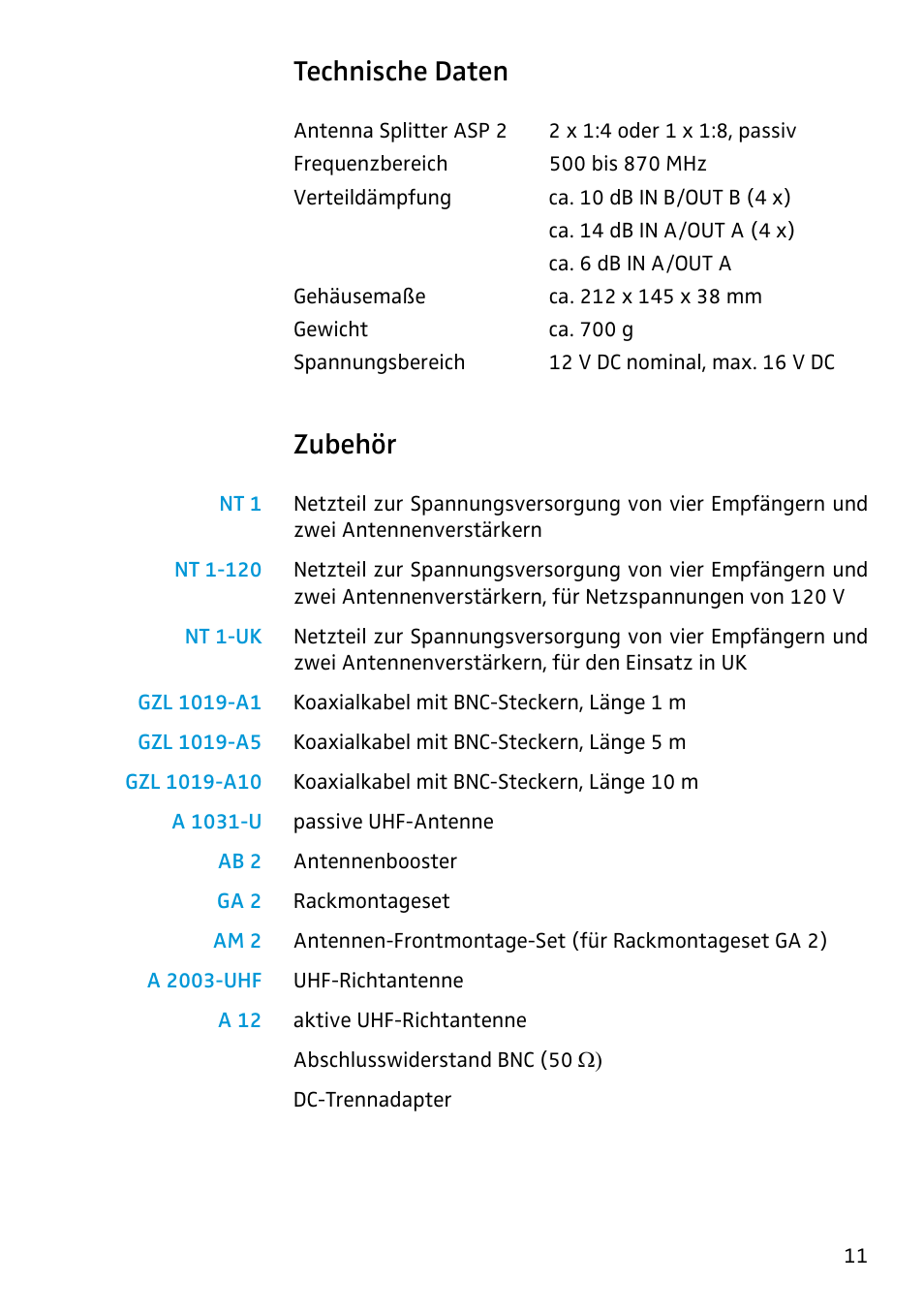 Technische daten, Zubehör | Sennheiser Antenna Splitter ASP 2 User Manual | Page 9 / 49