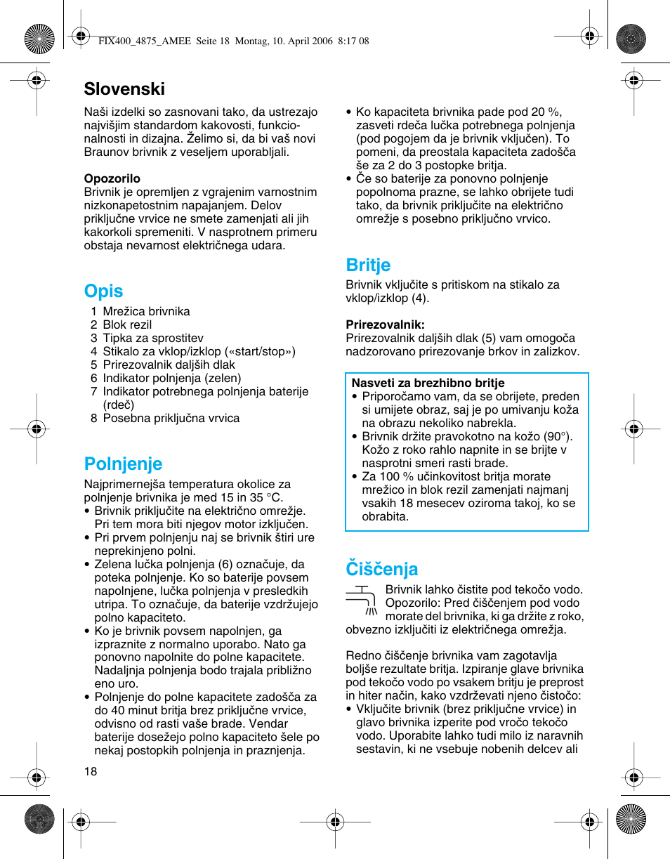 Slovenski, Opis, Polnjenje | Britje, Âi‰ãenja | Braun 4875 SmartControl3 User Manual | Page 18 / 35