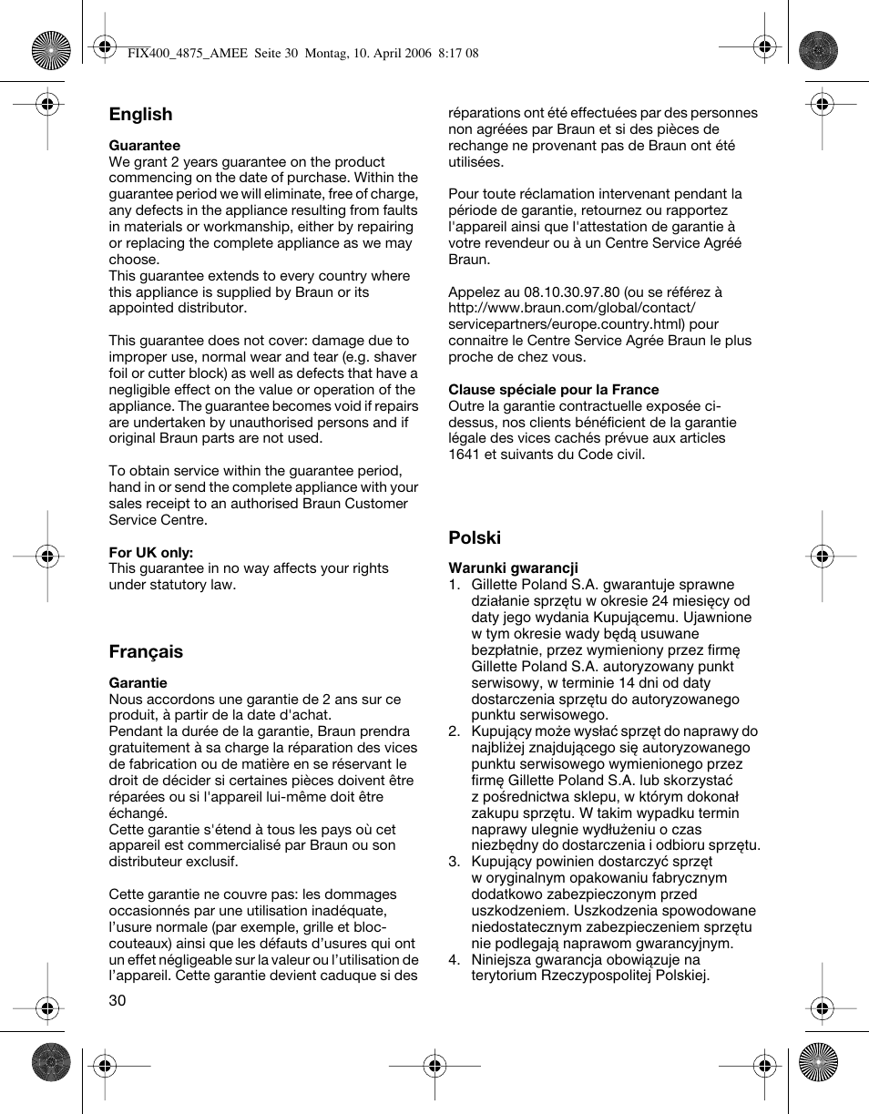 English, Français, Polski | Braun 4875 SmartControl3 User Manual | Page 30 / 35