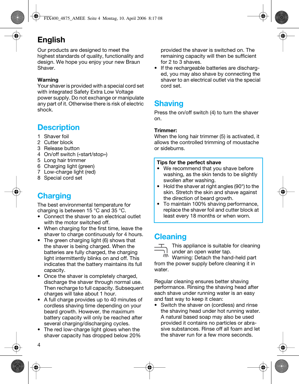 English, Description, Charging | Shaving, Cleaning | Braun 4875 SmartControl3 User Manual | Page 4 / 35