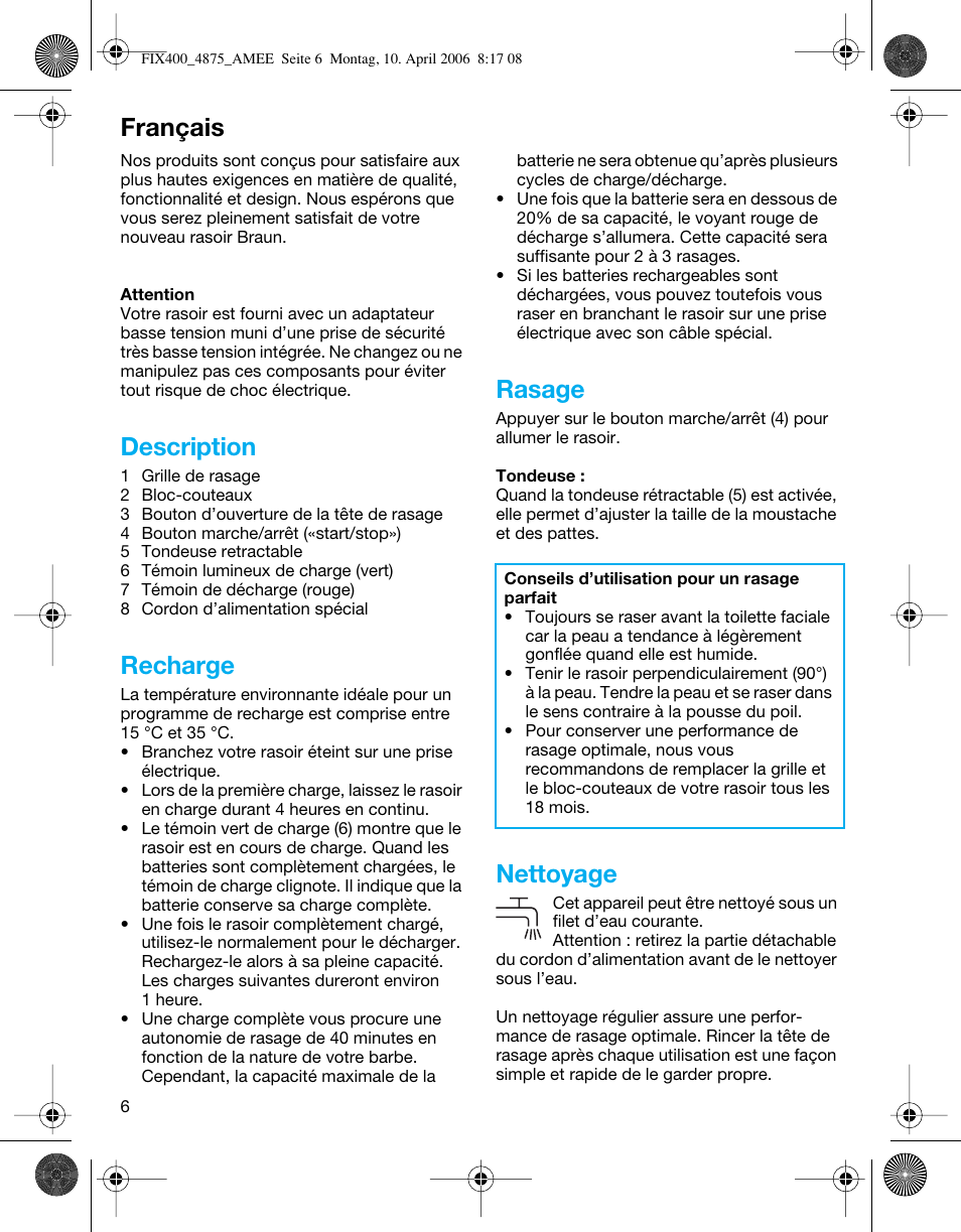 Français, Description, Recharge | Rasage, Nettoyage | Braun 4875 SmartControl3 User Manual | Page 6 / 35