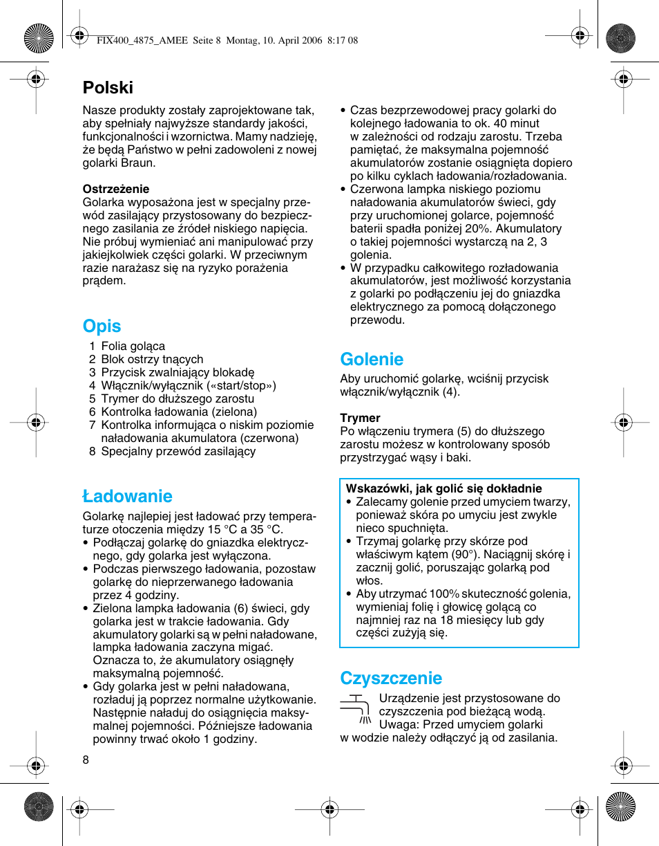 Polski, Opis, Adowanie | Golenie, Czyszczenie | Braun 4875 SmartControl3 User Manual | Page 8 / 35