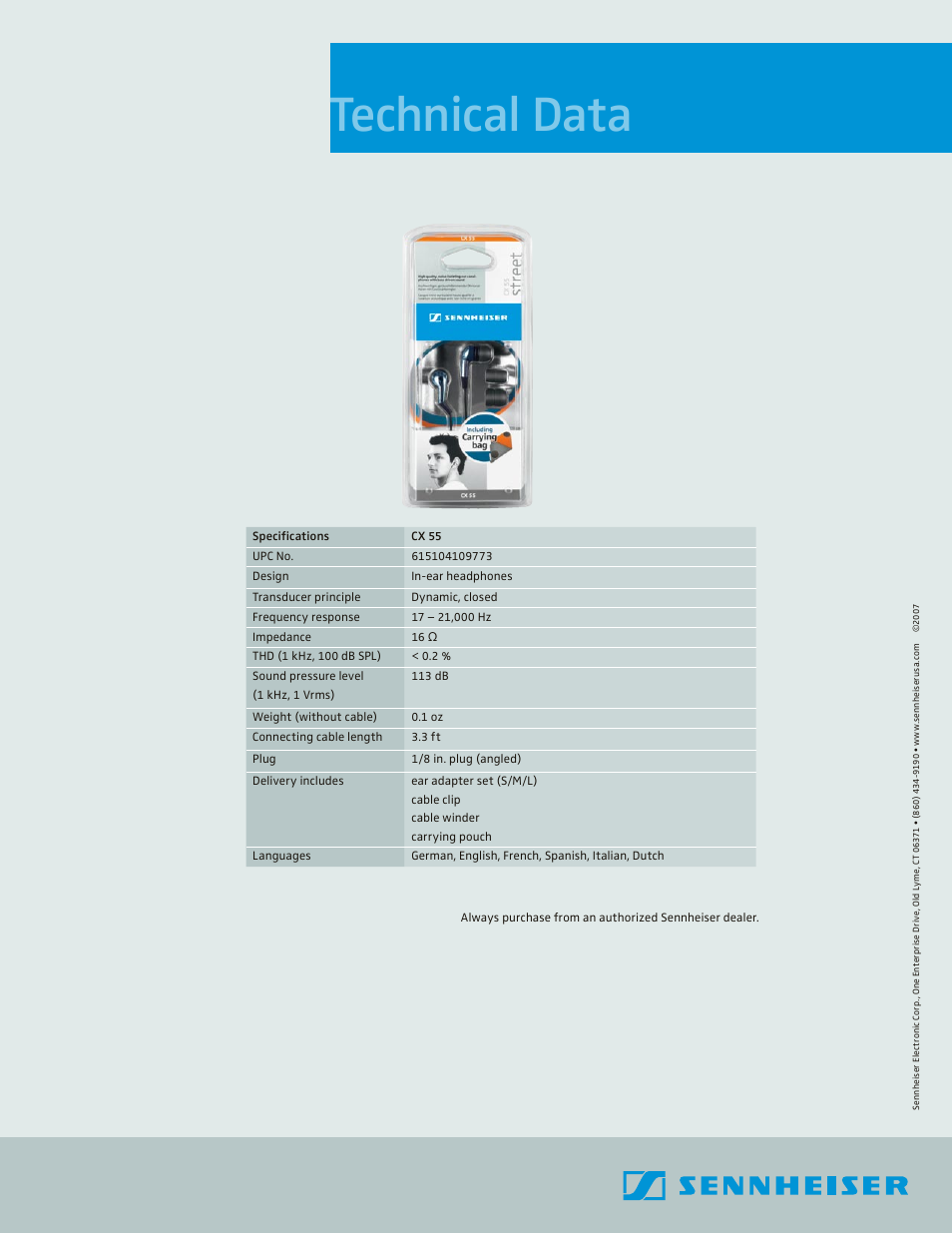 Technical data | Sennheiser CX 55 User Manual | Page 2 / 2