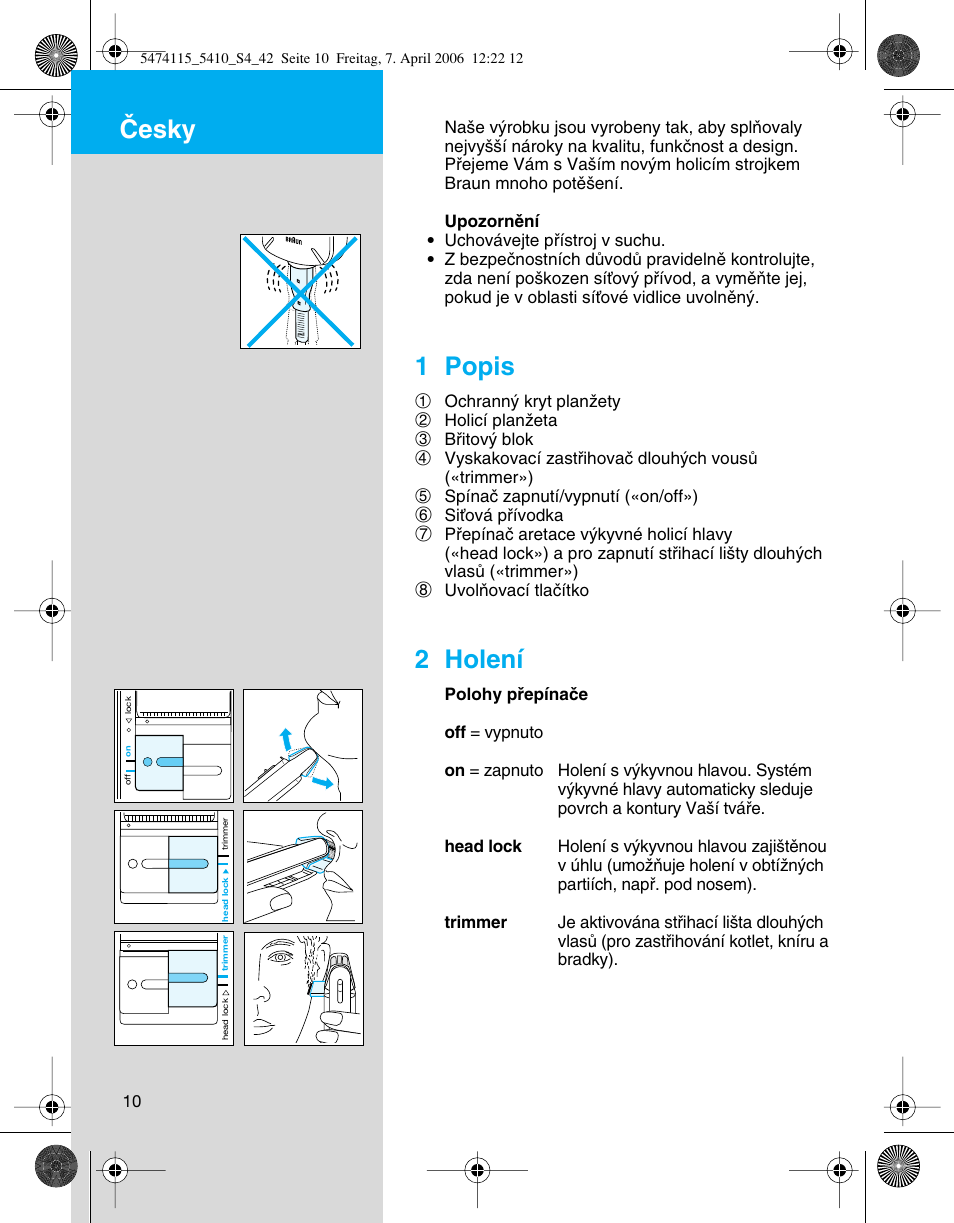 Âesky, 1 popis, 2 holení | Braun 5410 User Manual | Page 10 / 36