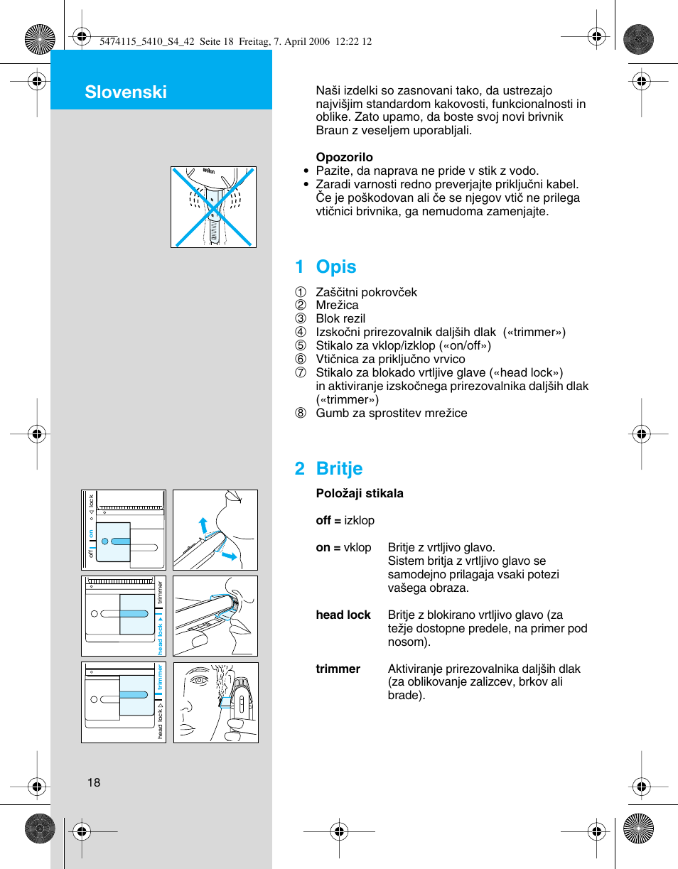 Slovenski, 1 opis, 2 britje | Braun 5410 User Manual | Page 18 / 36