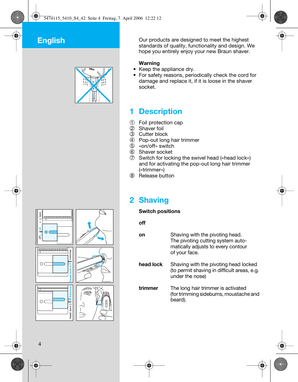 English, 1 description, 2 shaving | Braun 5410 User Manual | Page 4 / 36
